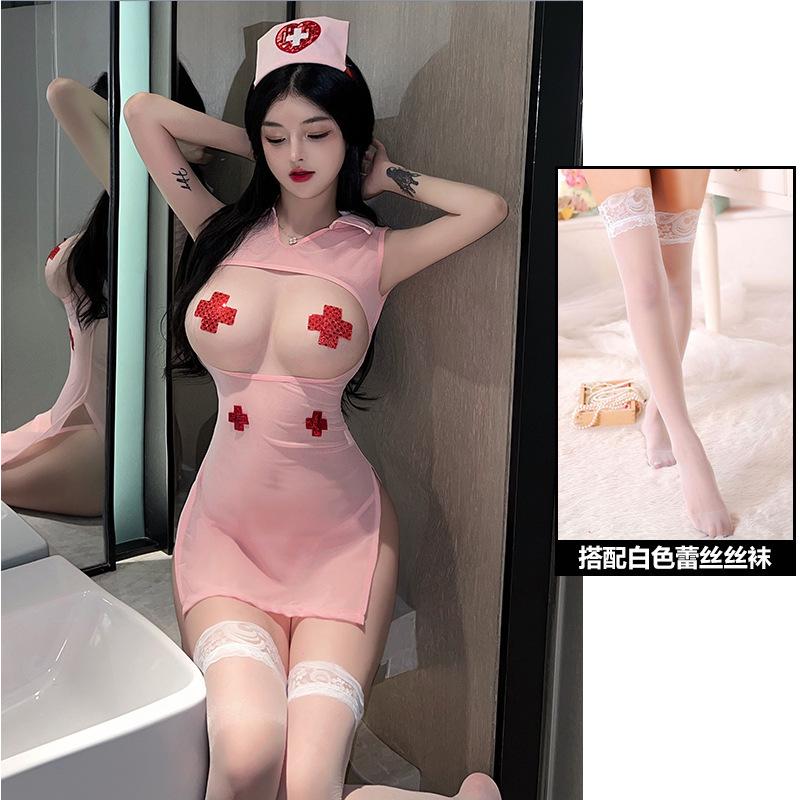 Hollow open chest pink transparent yarn nurse outfit sexy underwear uniform seduction sexy suit