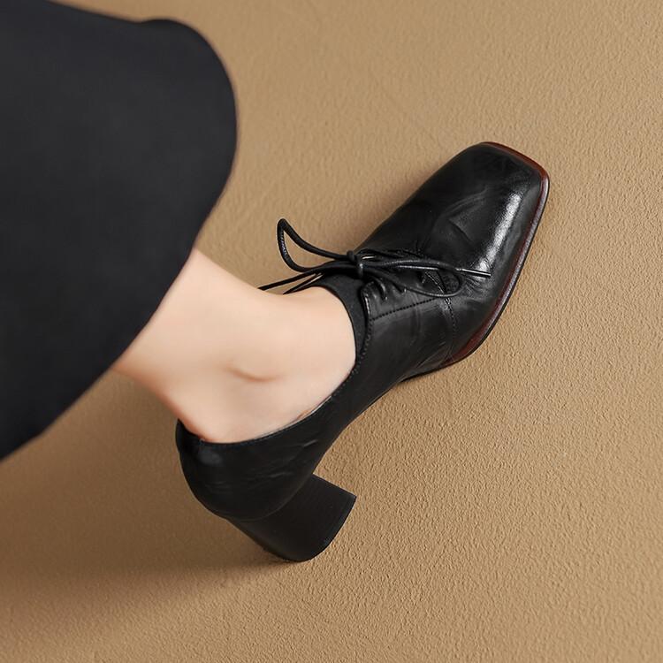 Fashion NEW Spring/Autumn Women Pumps Genuine Leather Shoes for Women Square Toe Chunky Heel Shoes Concise Black Lace-up Handmade Shoes