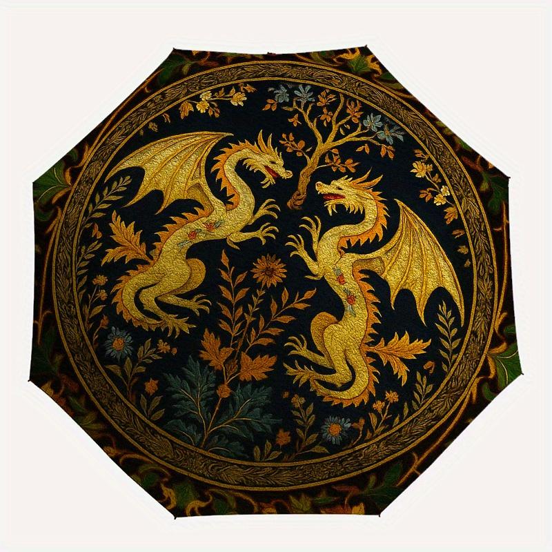 Golden Dragons and Tree of Life CircularRugUmbrella, Portable 3-Fold Compact Umbrella for Men & Women Gift