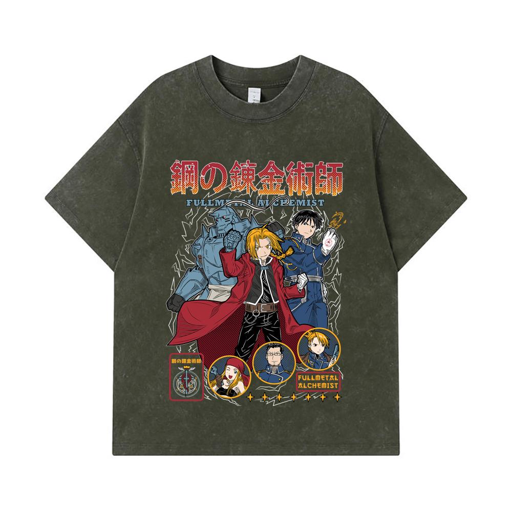 

275 GSM Washed T-shirts 100% Cotton Fullmetal Alchemist V2 Print Unisex Heavy Cotton T Shirt S армия зеленый