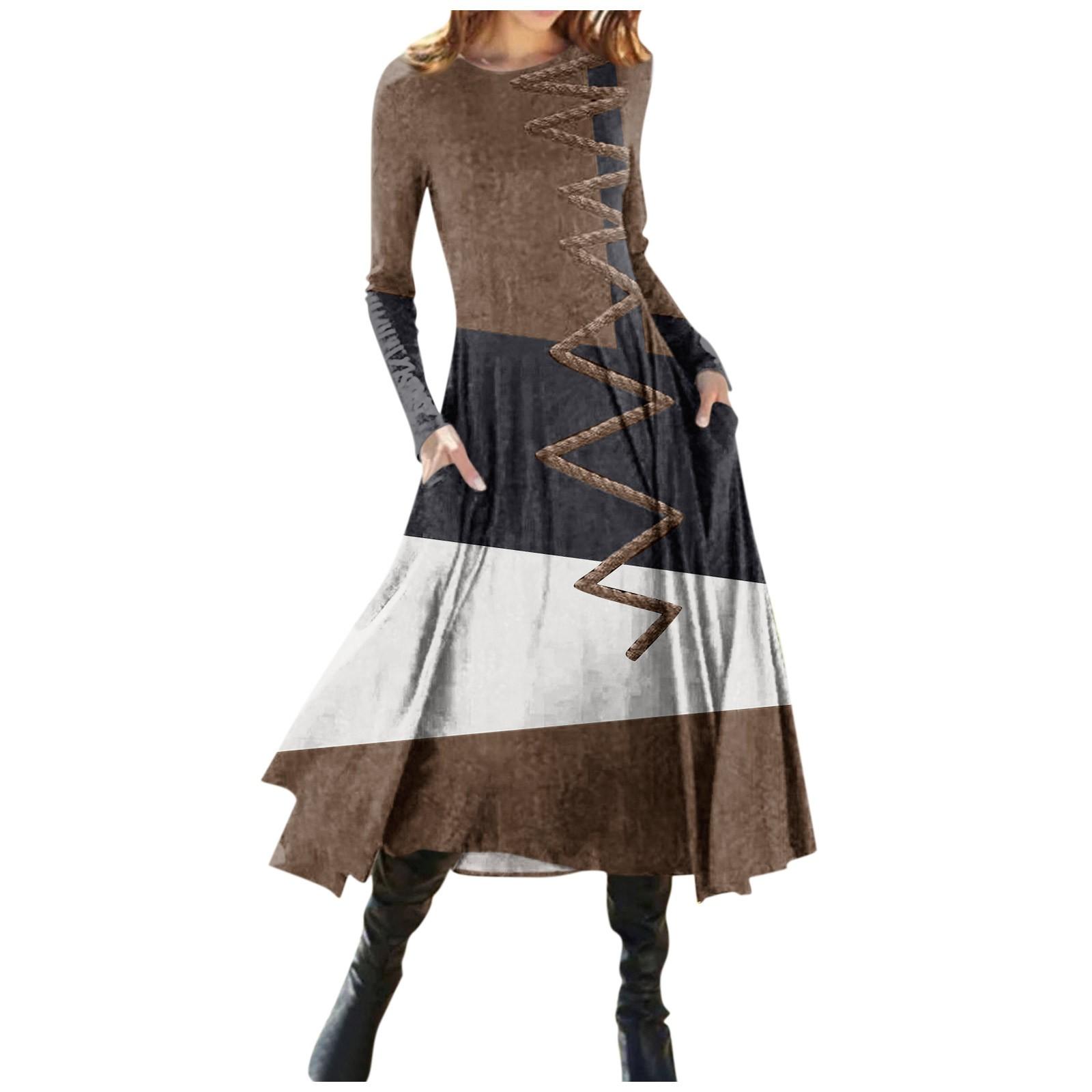 

Женская мода повседневный пуловер с круглым вырезом и принтом, облегающее платье с длинным рукавом XXXL коричневый