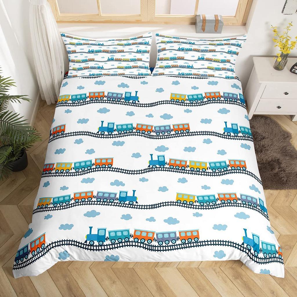 Children'S Train Theme Quilt Set Three-Piece Train Railway Track Duvet Set