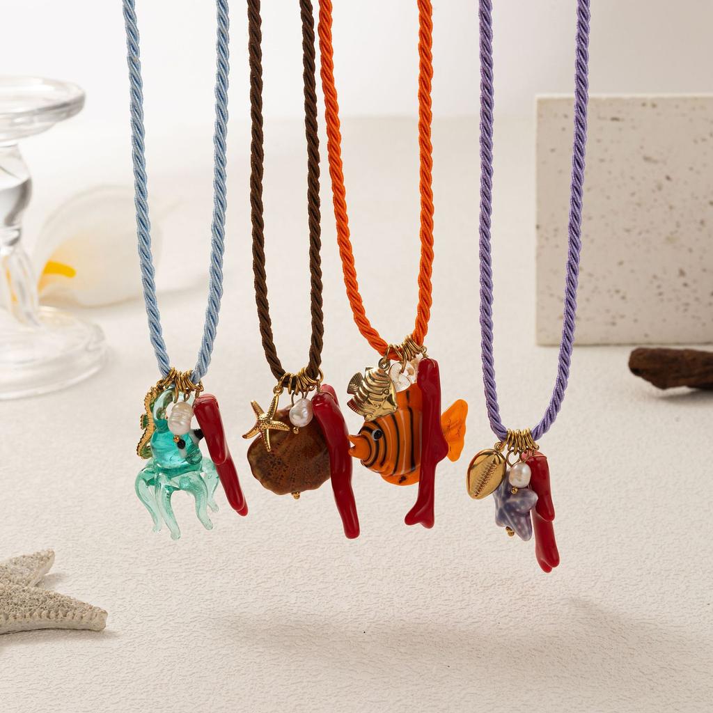 Handmade Chunky Rope Multi Color Ceramics Starfish Octopus Fish Pendant Necklace Summer Beach Shell Y2K Collar Jewelry
