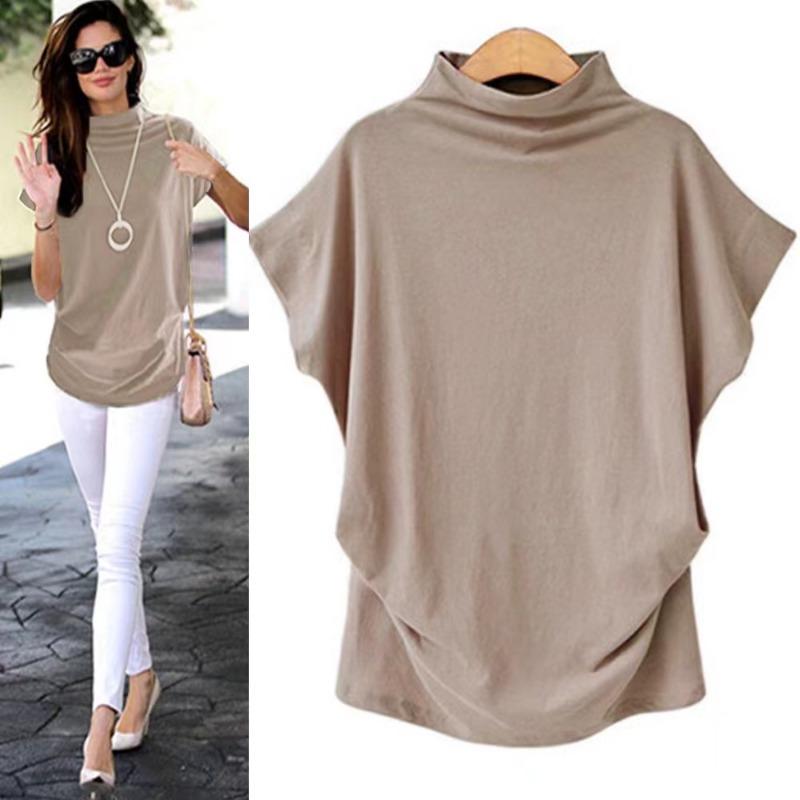 Women Turtleneck Cotton Tee Shirt Summer Short Sleeve Solid Casual Tops