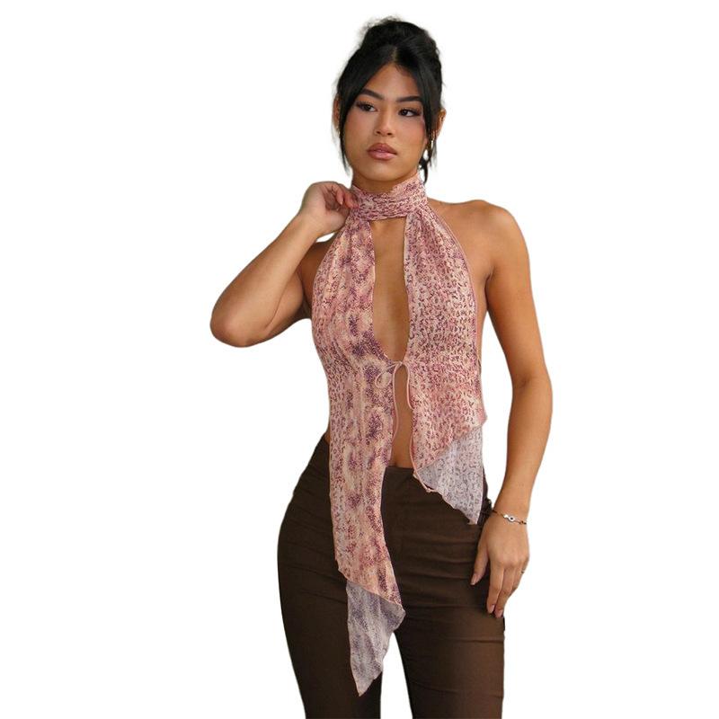 European and American style women's clothing spring and summer new contrasting color printing sexy big halter hollow neck strap-on vest