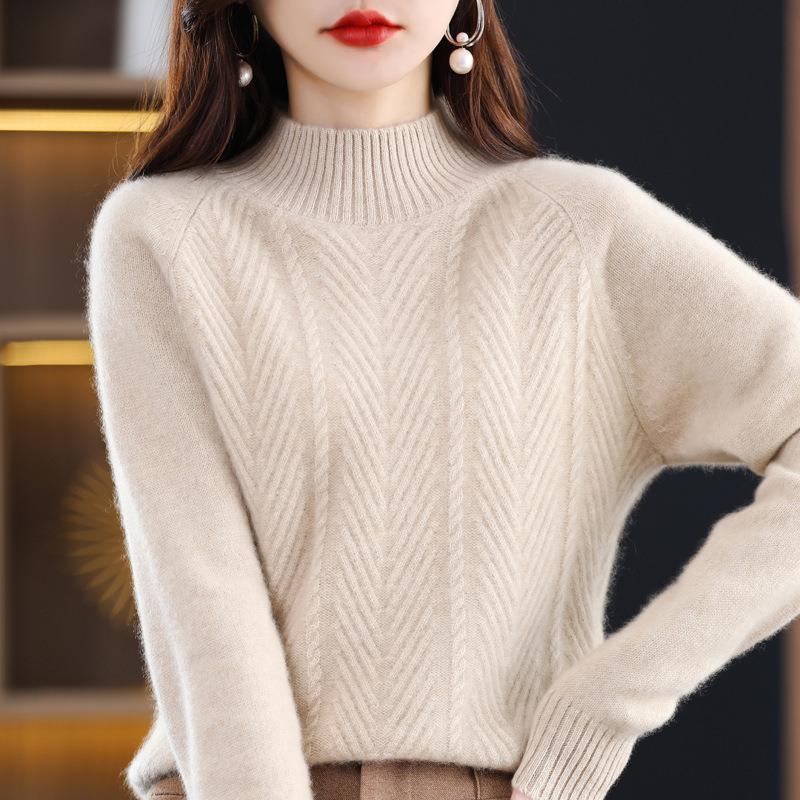 Women's Pure Cashmere Sweater Pullover, Women's Autumn-winter Plain Sweater Half-high Collar and Long Sleeves, Knitted Bottom, Top