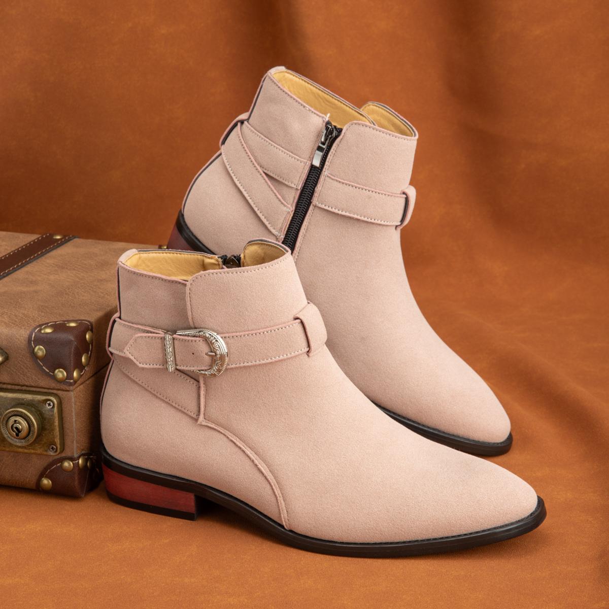 Fashionable Men's Suede Low-Heeled Casual Boots Classic And Comfortable Button-Decorated Walking Boot Pointed Zipper Ankle Boots cm colore rosa chiaro