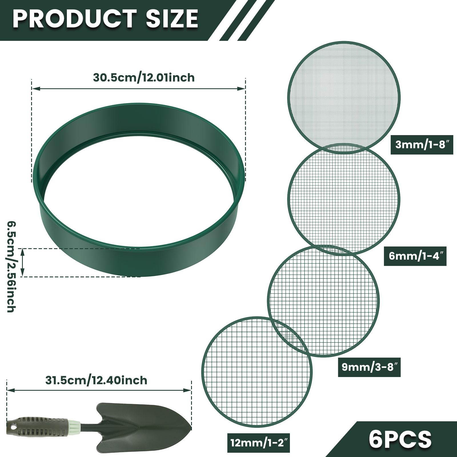 

Soil Sifter 11.8inch Portable Metal Garden Sieve with 4 Interchangeable Filter Mesh Sizes 3/6/9/12mm Multifunctional Dirt Sifter