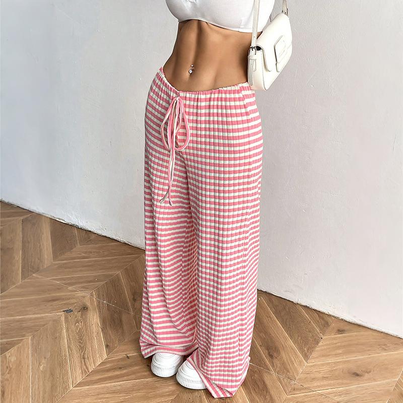 Women Spring Summer Casual Sport Drawstring High-Waisted Stripedd Straight-leg Pants