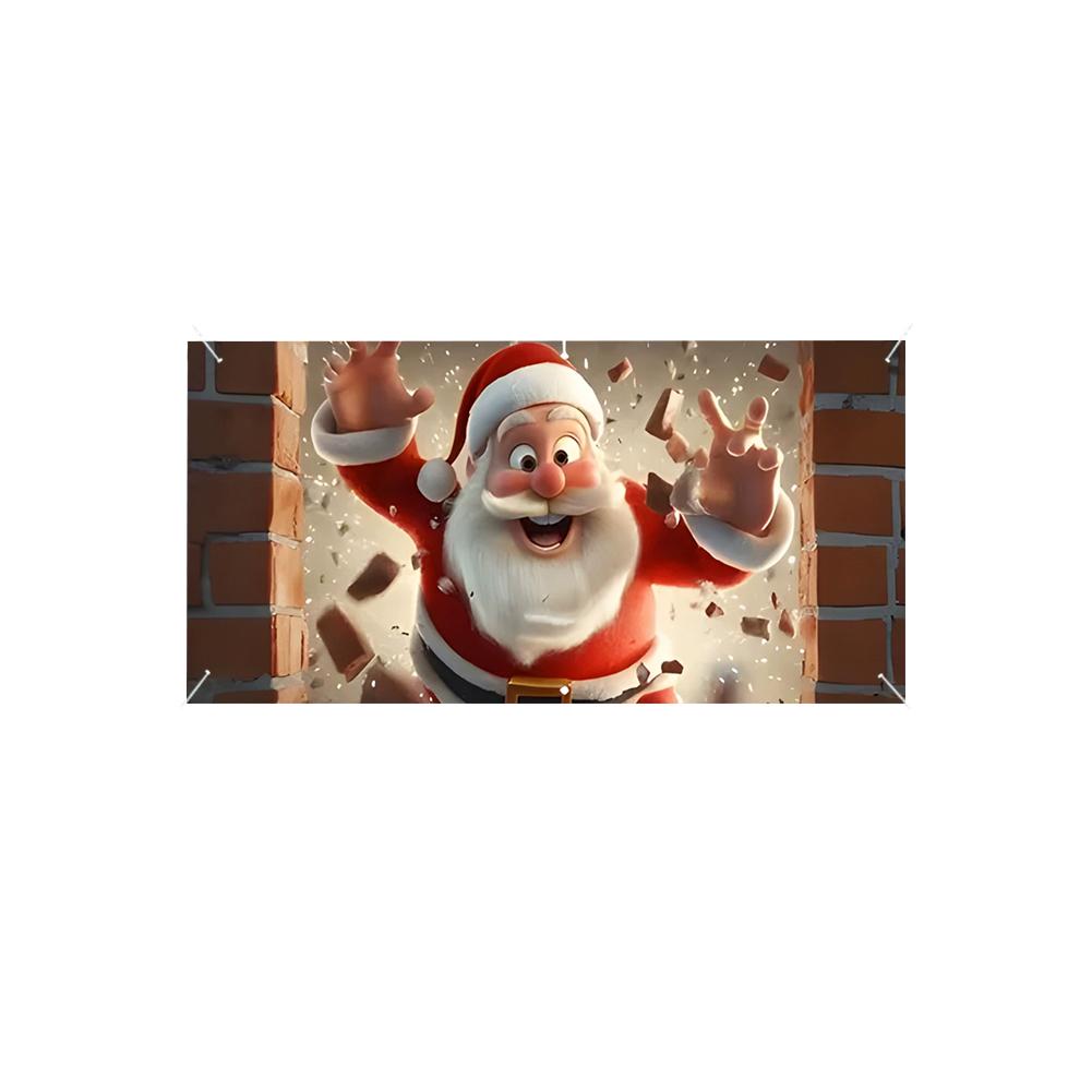 Santa Claus Break Through Wall Garage Door Banner Merry Christmas Yard Party Holiday Outdoor Large Banner Decor Hanging Backdrop