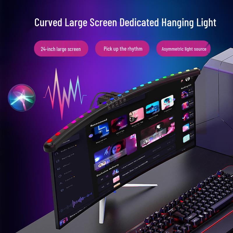 Curved Screen Hanging Lamp with Seven-Color LED, Sound-Reactive Rhythm, and Eye Protection Features.
