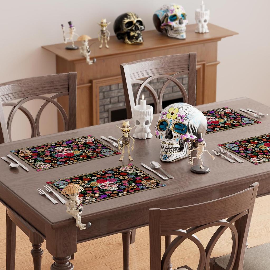 Sugar Skull Colorful Flowers Mexican Style Dia De Los Muertos Placemats Set of 4 Day of The Dead Table Mats