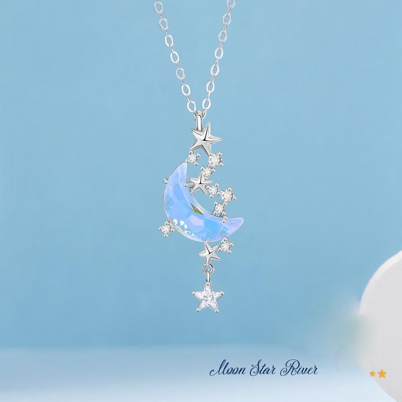 Star Moon Love Pendant Moonstone Necklace for Women Romantic Valentine s Day Anniversary Jewelry Gift