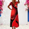 Women Plus Size Abstract Printed Red Black V Neck Short Sleeve Long Dress