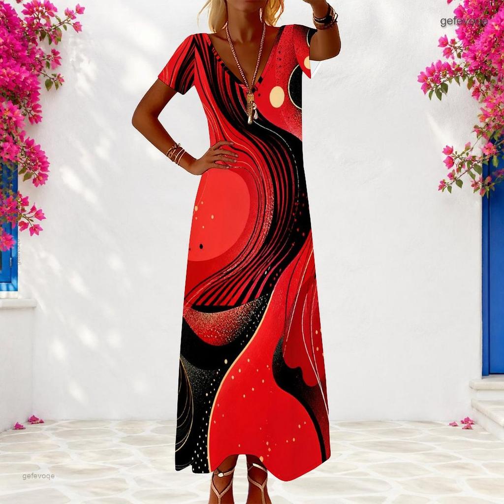 Women Plus Size Abstract Printed Red Black V Neck Short Sleeve Long Dress