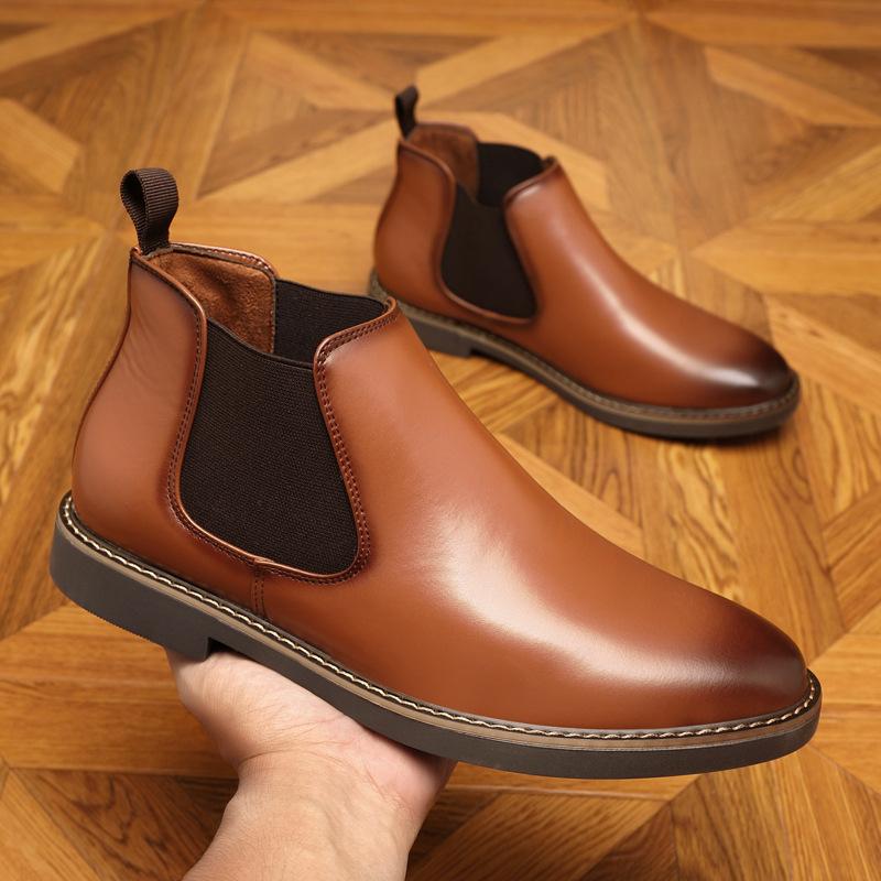 2025 new autumn and winter large size Chelsea boots double elastic men's short boots business dress pointed middle help leather boots
