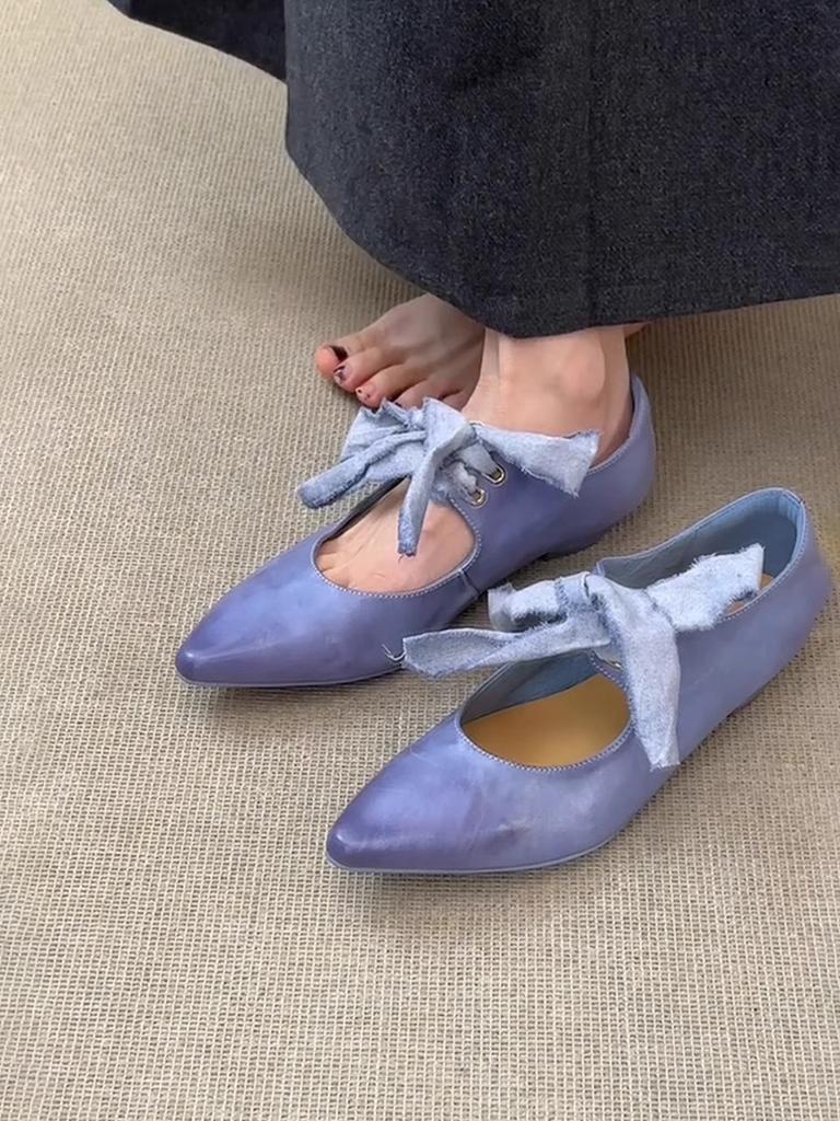 Sheepskin Version~ Retro Pointed Head Bow Ballet Single Shoes Lace-up Low-heeled Mary Jane Shoes Light Mouth Temperament Flats