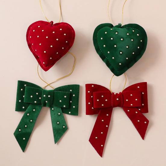 Velvet Christmas Tree Ornaments Rhinestones Heart Bow Shape Hanging Decor for Xmas Tree Window