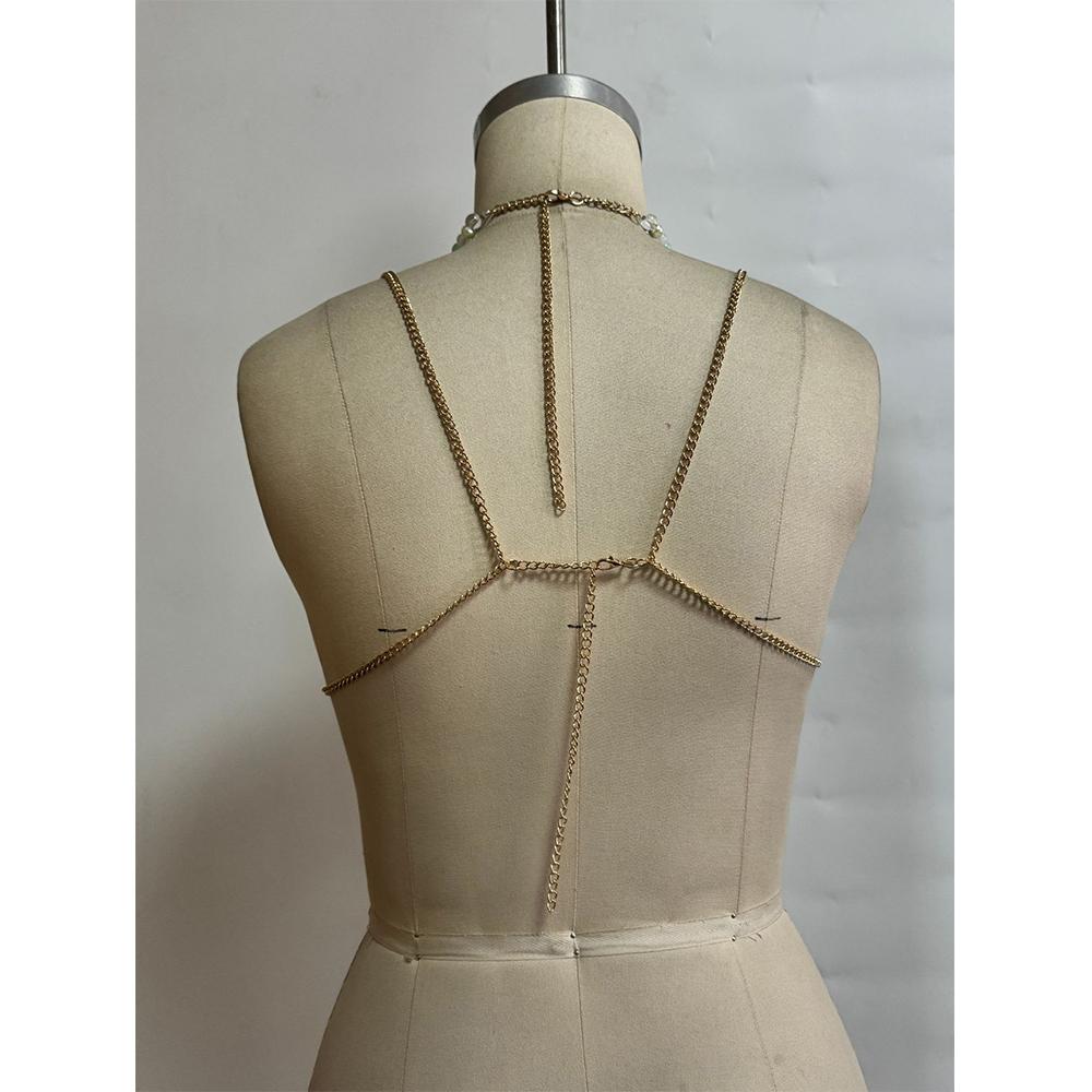 Beachwear Pearl Body Chain Summer Cover Up Elegant Beaded Halter Top  for Women