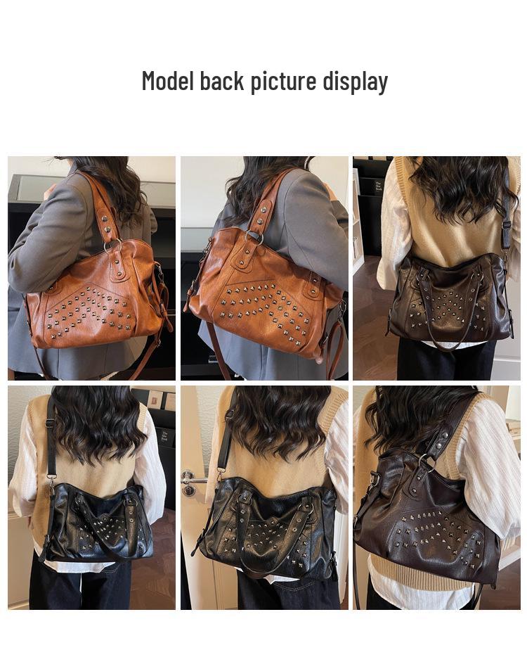 Women's Retro Punk Motorcycle Tote Bag with Rivets - Large Capacity, Fashionable Handheld or Shoulder Style