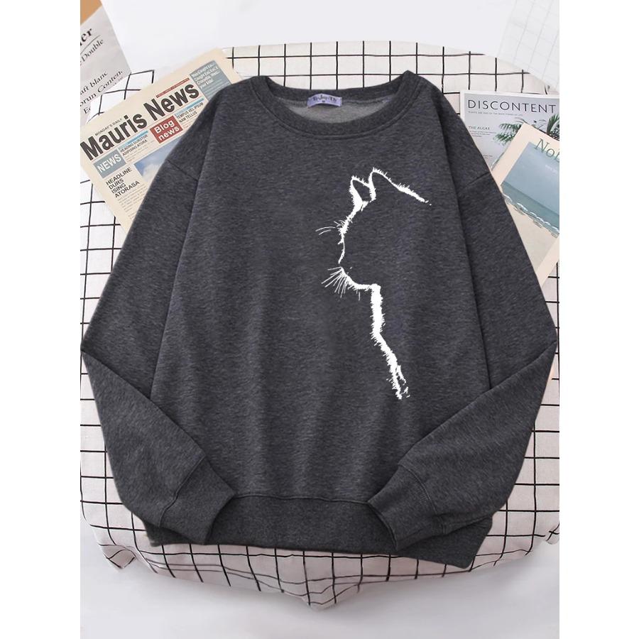 Simple Strokes of Cat Pet Print Hoody Womens Shoulder Drop All-match Hoodies Simple S-XXL Hoodie Street Quality Clothing Female