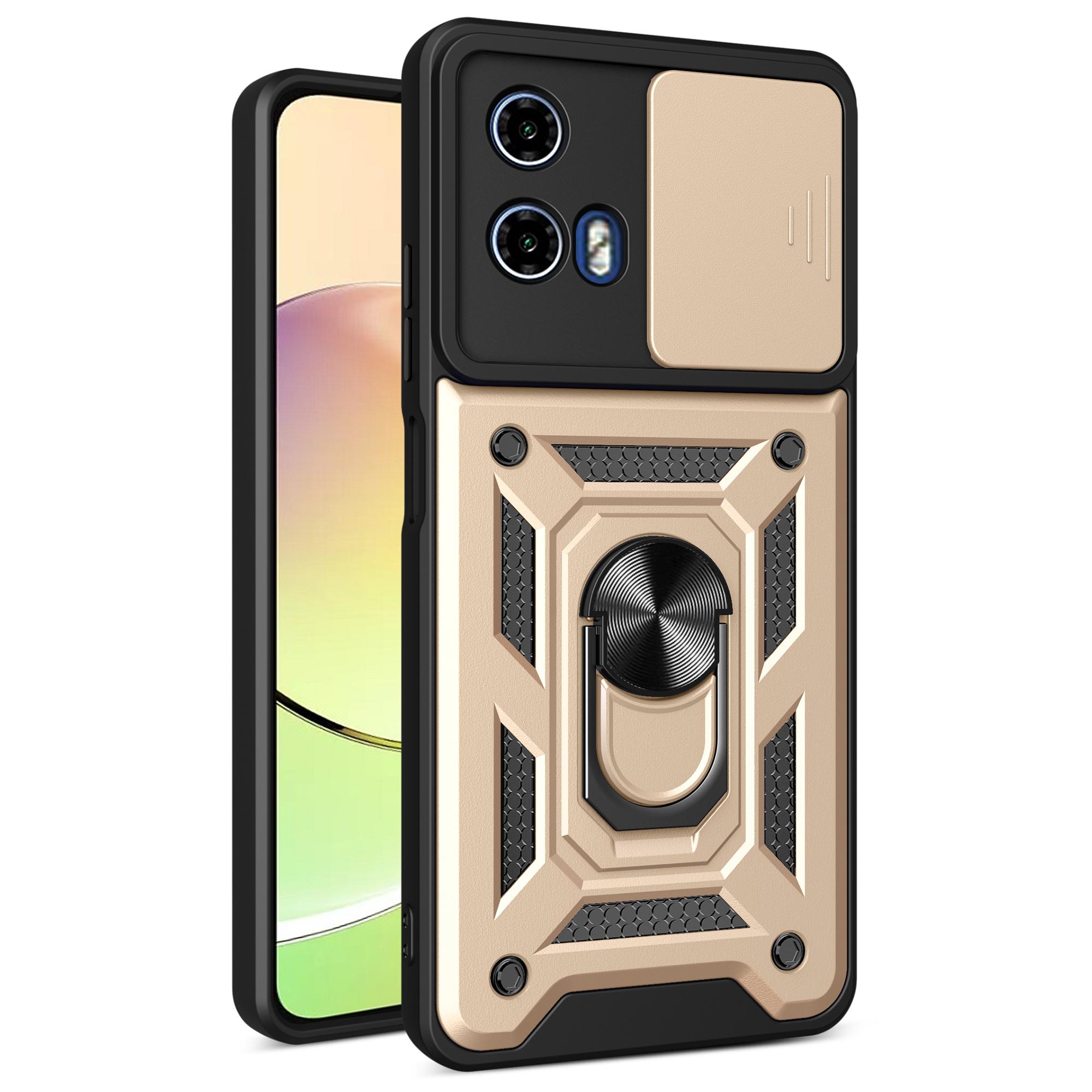 

For Motorola Moto G04 4G/G24 4G Phone Shell PC+TPU Back Cover with Lens Protector+Kickstand Gold