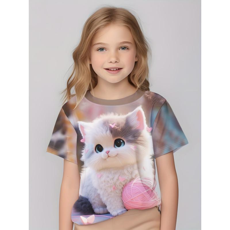 Sommar Ny Barn T-shirt Med Söt 3D Katt Tryckt Mönster Trendig Andningsbar Topp Hög Kvalitet Kortärmad Födelsedagspresent