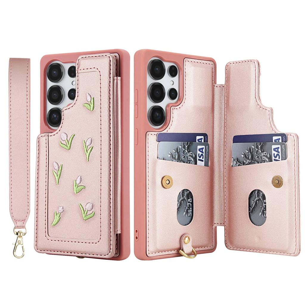 Flip Stoßfeste Hülle für Samsung Galaxy S25 S24 S23 Ultra Plus S24 FE Stereo Blume mit Lanyard Ständer Brieftaschenhülle für Damen