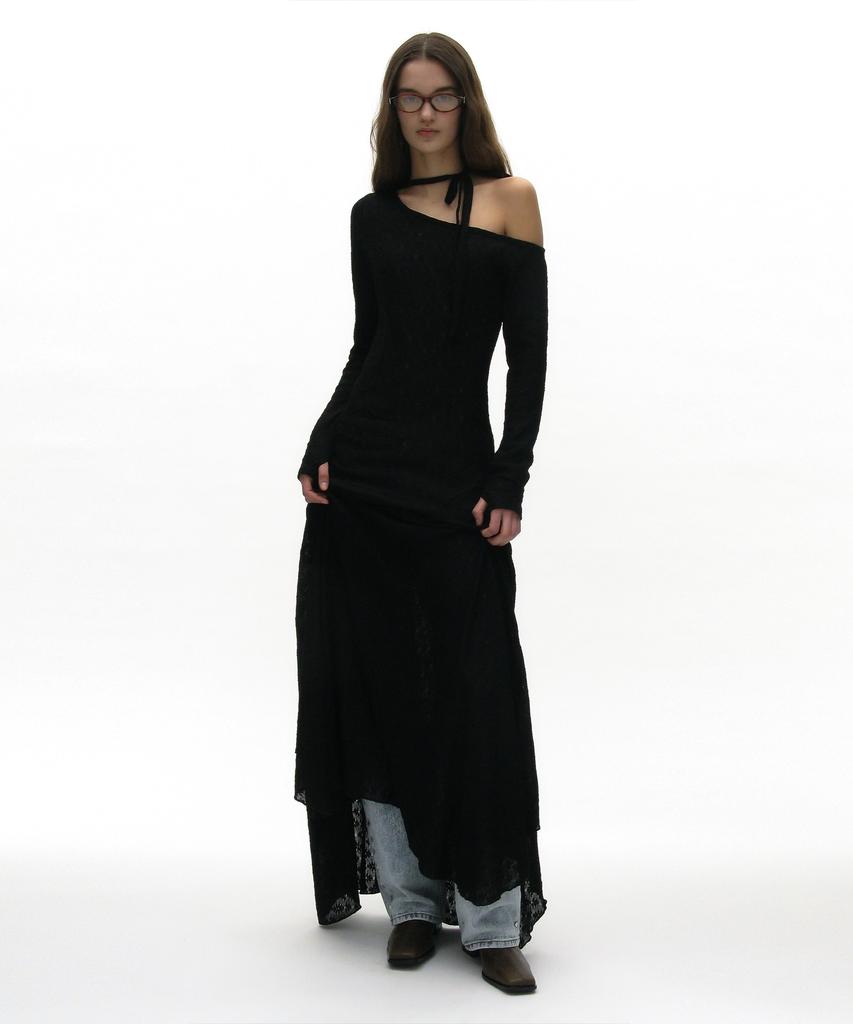 Partimento Woman Sheer Lace Tie-Neck Maxi Dress_Black