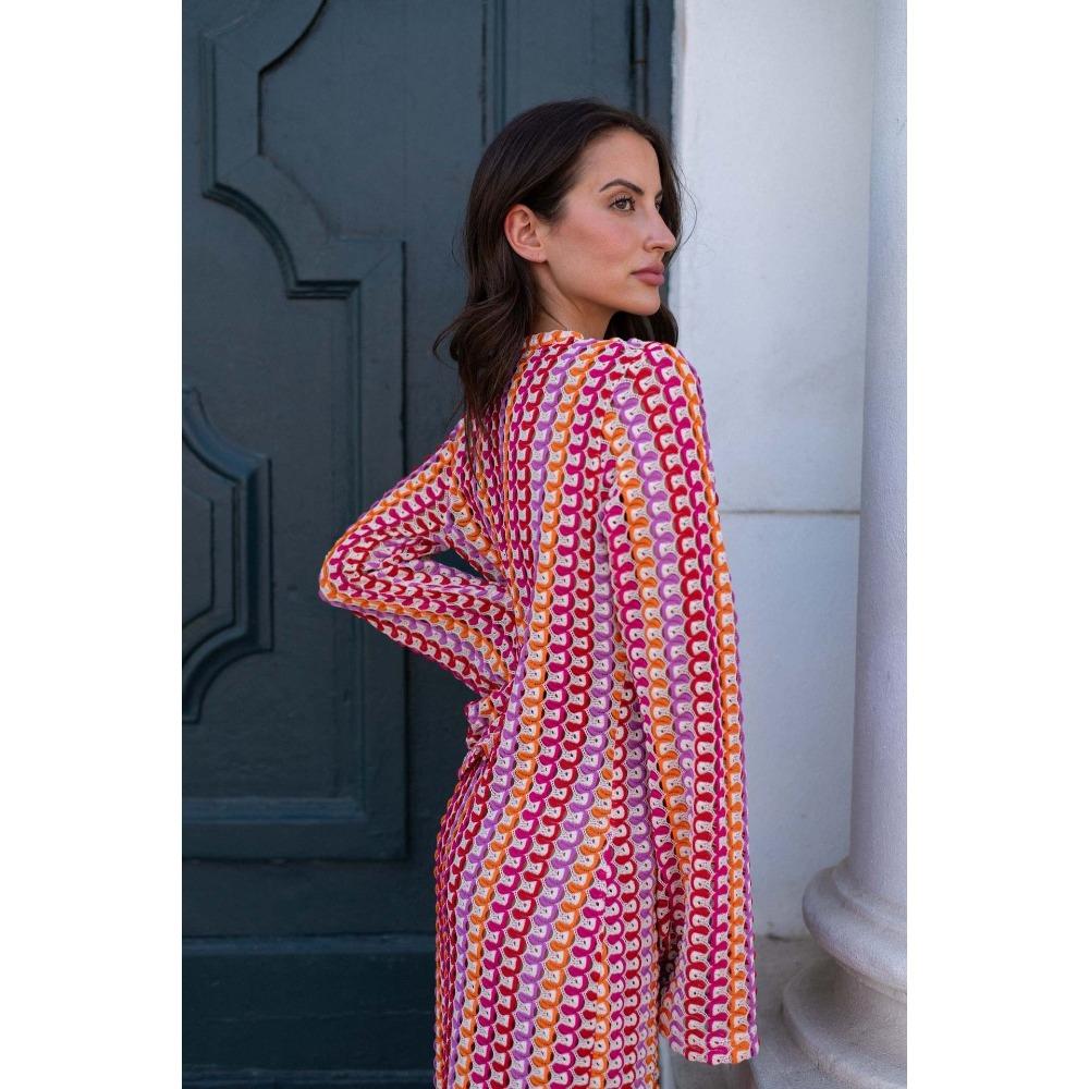 Crochet Colorful Stripe Maxi Dress Women Flare Sleeve V-neck High Split Sexy Long Dresses Beach Banquet Vestidos