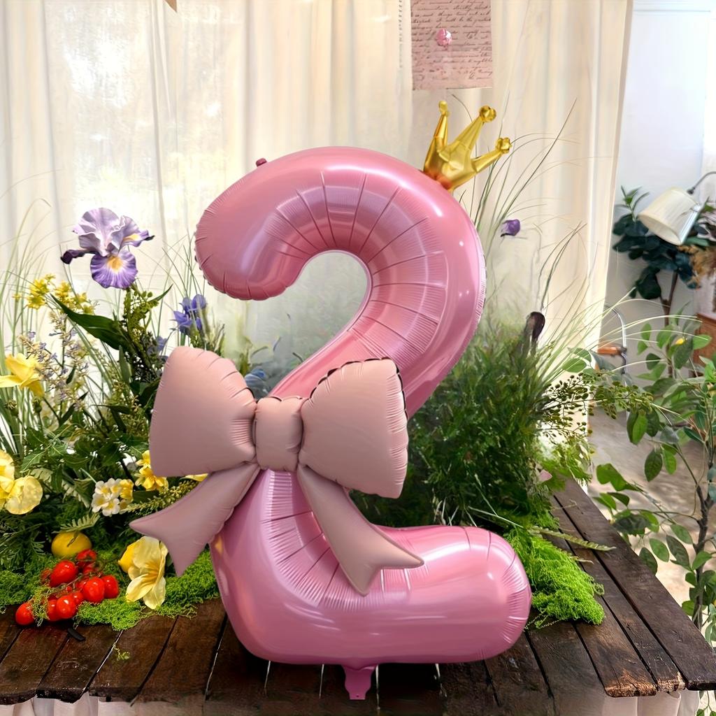 Pink Crown-Shaped Number Balloons And Pink Bow-Shaped Foil Balloons, for Decorating Birthday Parties, Anniversaries Celebrations