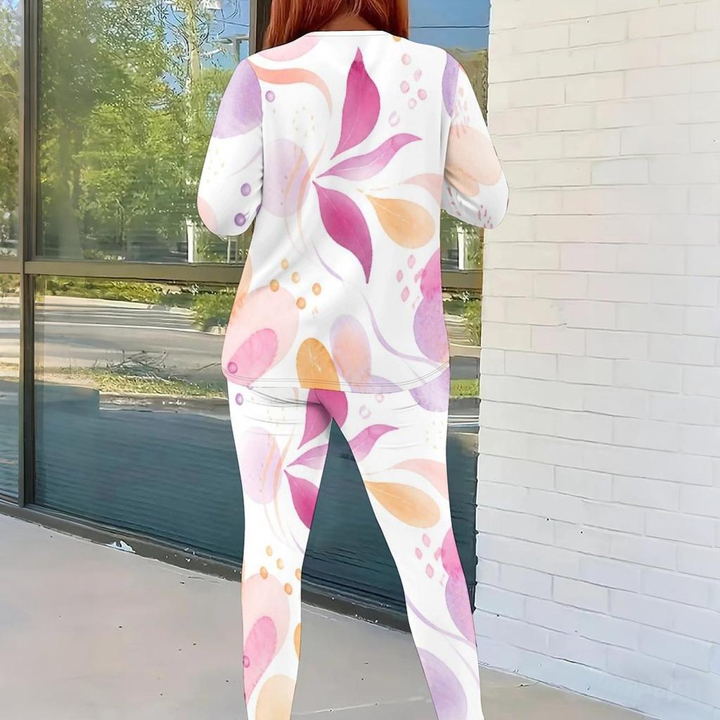 Women Plus Size Colorful Printed Round Neck Long Sleeve Top And Fitted Pants Two Piece Set