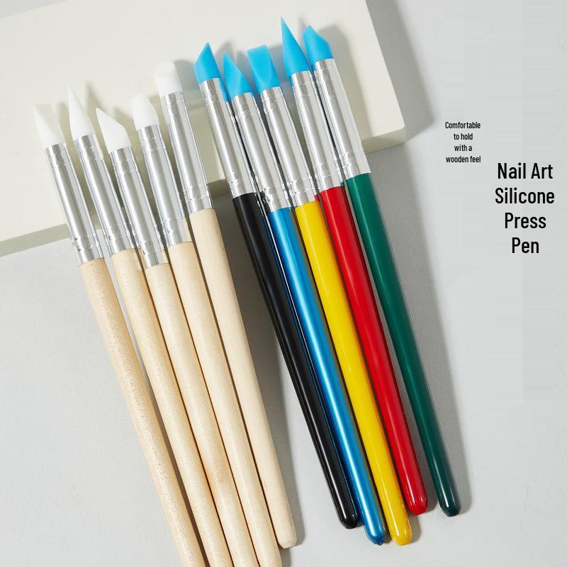Nail Art Brush Set: 5-Piece Silicone Heads In Blue, Colored Handles, Soft for Blending and Floral Designs