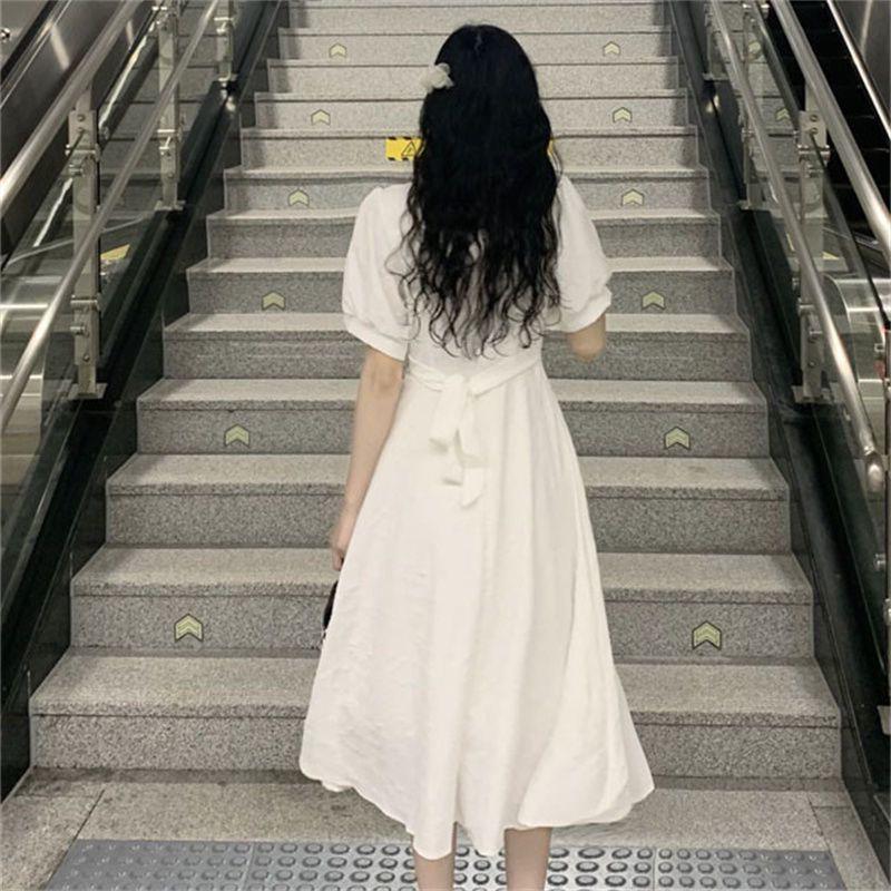 French Sweet First Love Dress Bow Square Collar Waist Thin Dress Female Student Korean Version Medium and Long A-shaped Skirt