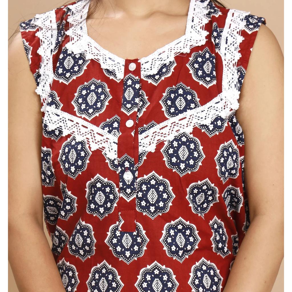 Red Cotton Printed Night Gown Women's Sleepwear Casual Wear Sleeveless Nighty