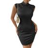 Vestido Qipao para Mujer Bodycon Negro Bordado Ajustado Corto Sin Mangas Encaje Mini Vestido de Fiesta Club