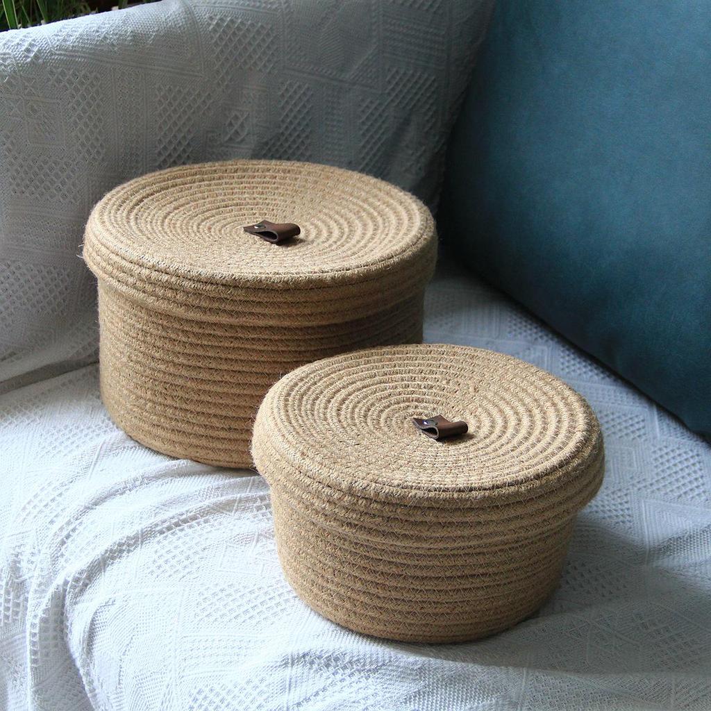 Retro Cotton Linen Rope Storage Box – Hand-Woven Basket with Lid for Home Sundries