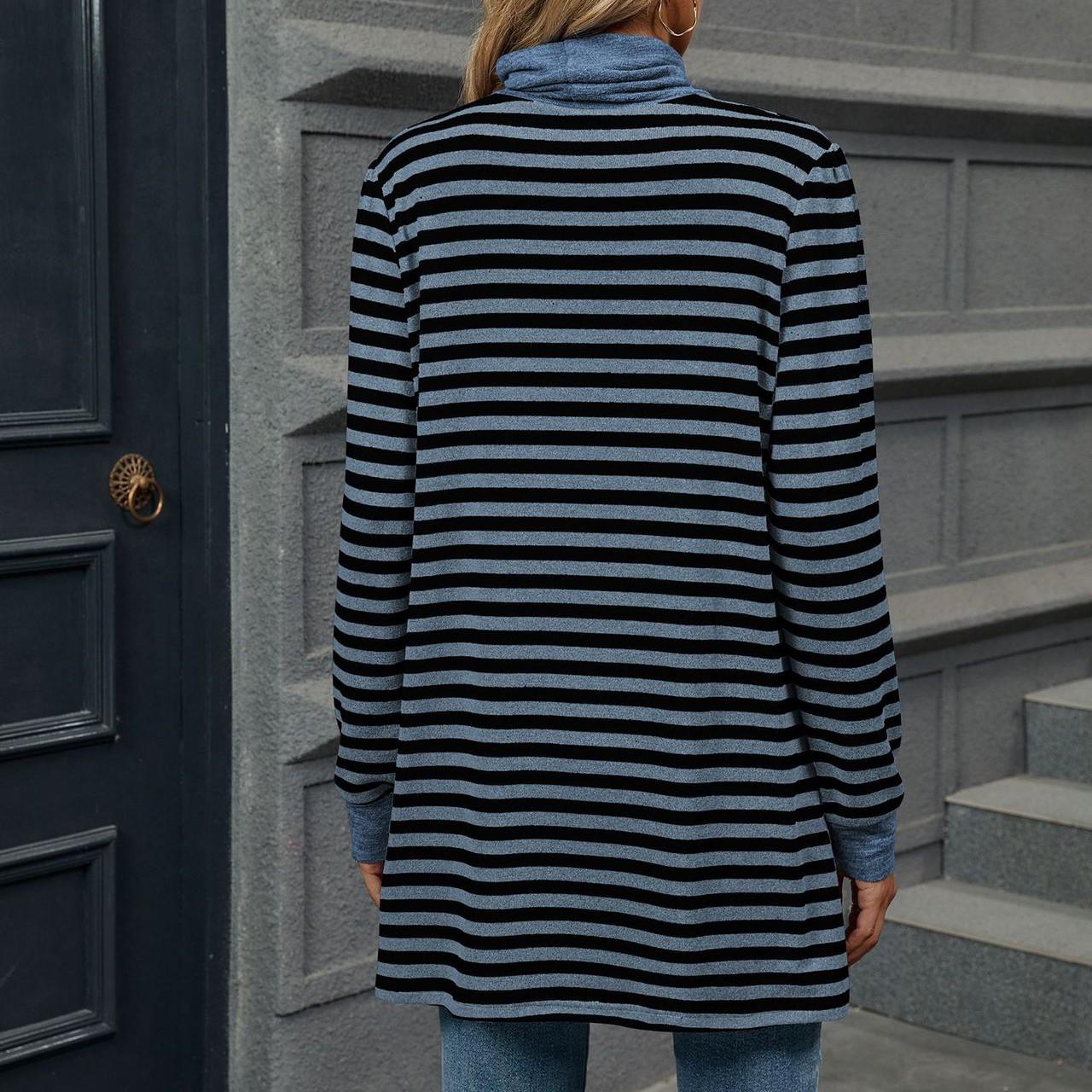 Женская модная повседневная полосатая трикотажная футболка с круглым вырезом и длинным — фото 6