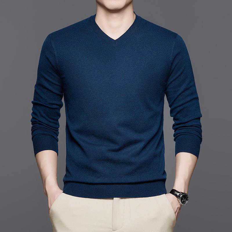 Men's Autumn and Winter Middle-aged Men's Dad Wear V-neck Versatile Solid-color Knitted Sweater Bottoming Shirt