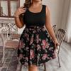 Women's Plus Size Sleeveless Color Block Printed Dress with Waist Tie for Casual Summer Wear