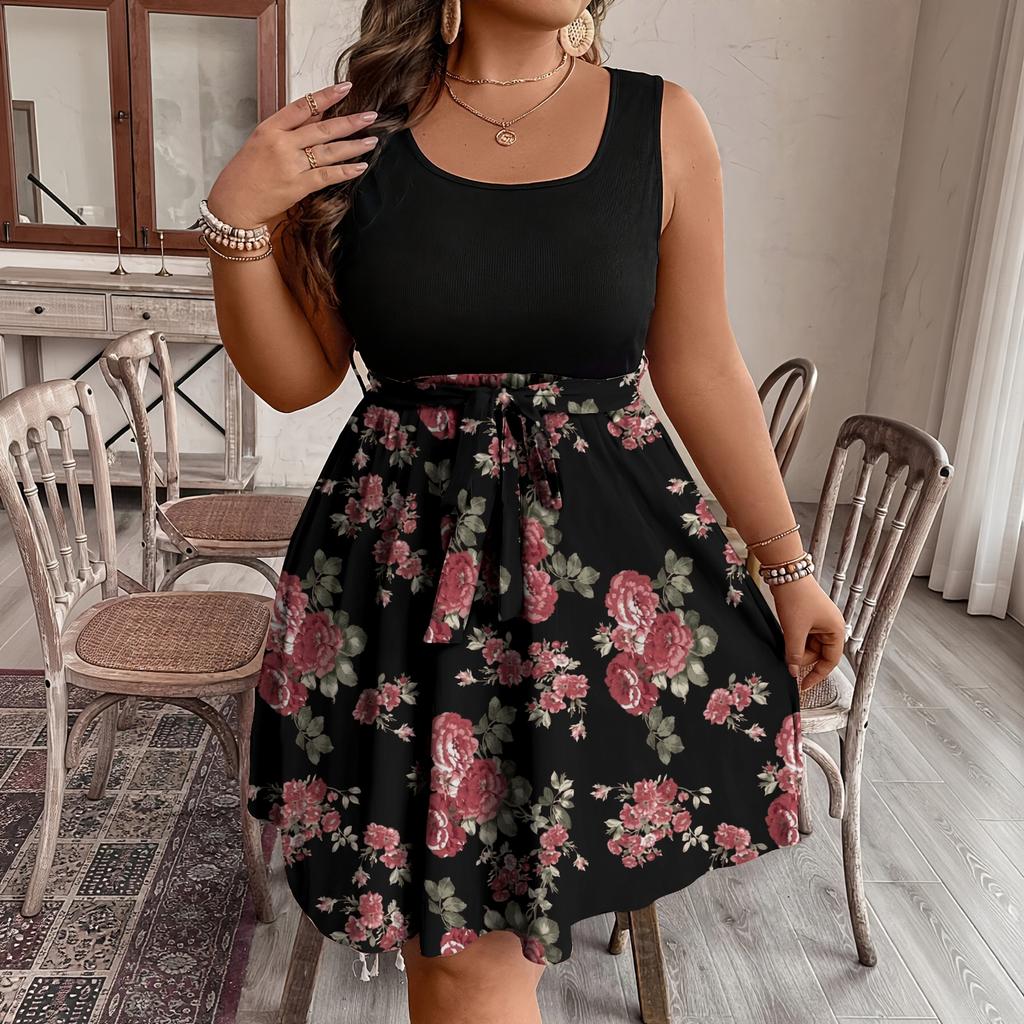 Women's Plus Size Sleeveless Color Block Printed Dress with Waist Tie for Casual Summer Wear