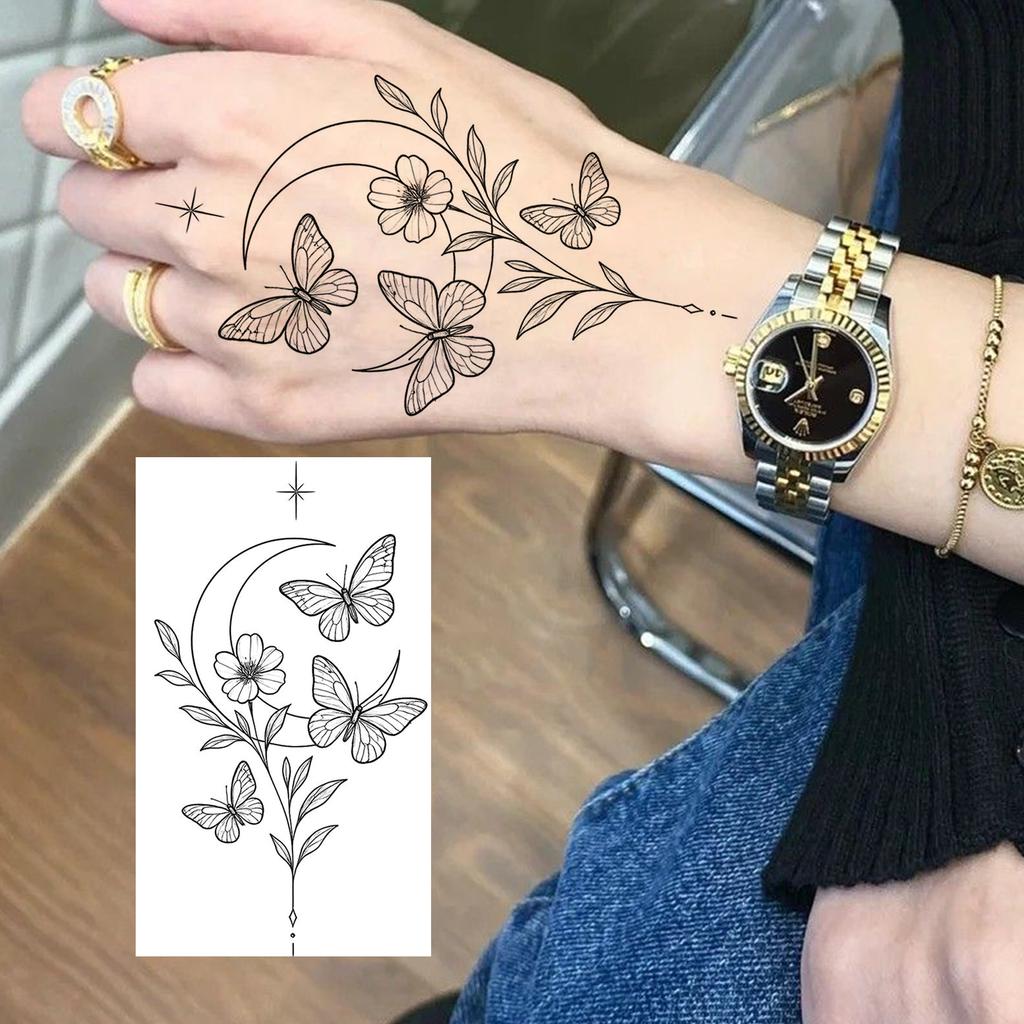 1 Sheet Crescent Sun Chain Temporary Tattoos For Women Hands Neck, Fake Tattoo Stickers Waterproof Long Lasting Realistic Tatoos