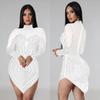 European and American Fashion Women's Solid Color Mesh Rhinestone Long Sleeve Mini Dress