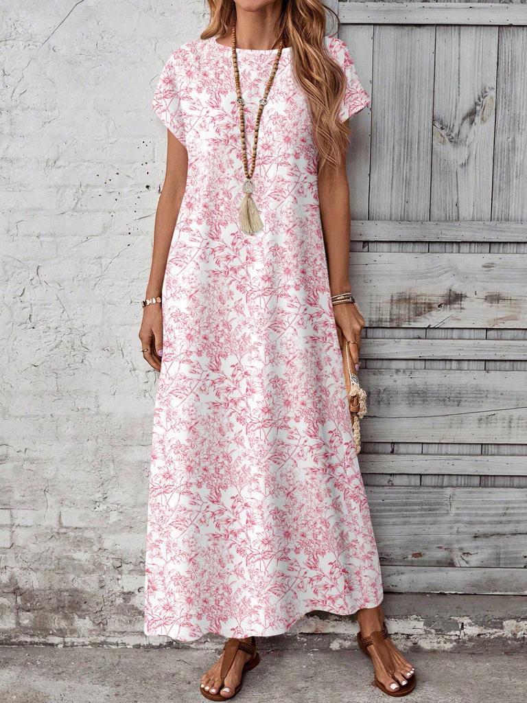 Casual Versatile Patterned Summer Dress For Women,Casual Women's Dresses Short Sleeve Modest Bohemian Maxi Floral Print