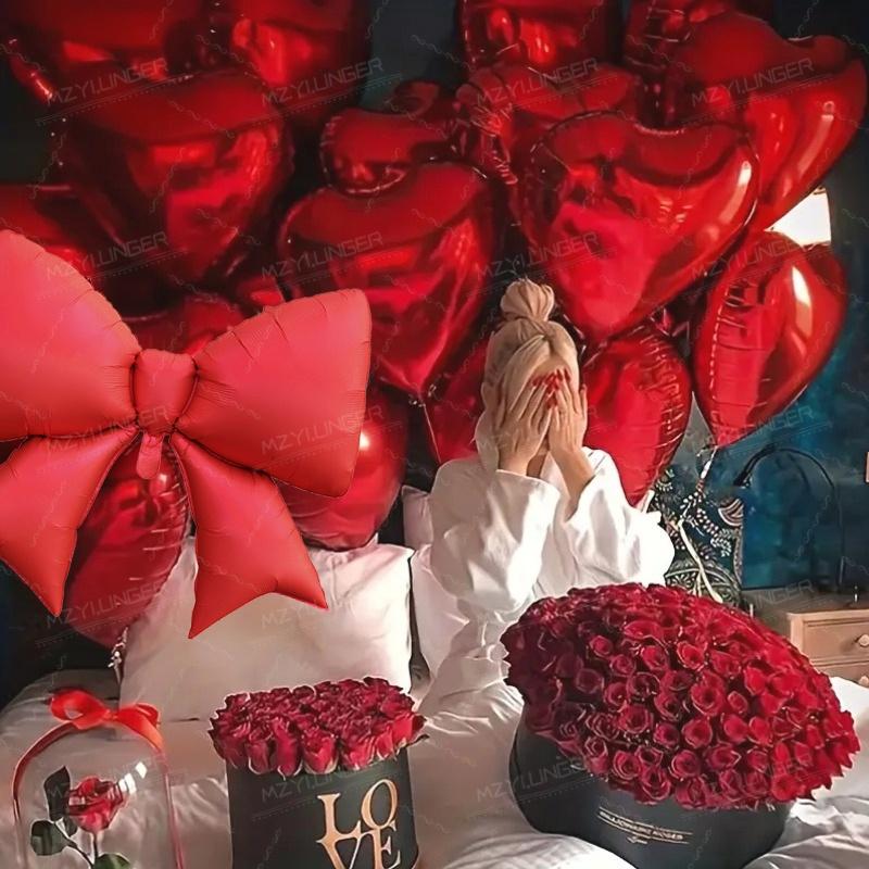 Red 4D aluminum foil balloon bow balloon and red heart balloon set for proposal, New Year's anniversary, birthday decoration