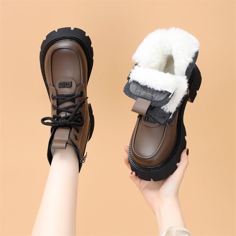 Fashion Trend Martin Boots Thick-soled Comfortable Fashion Boots Women's Autumn and Winter New Lace-up Velvet Leather Boots
