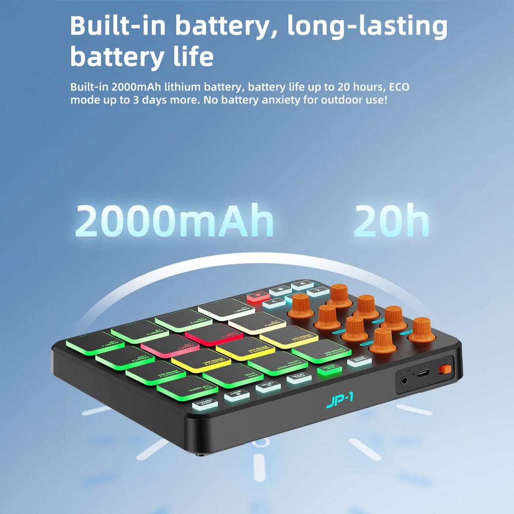 Summina MIDI Controller, 16 RGB Pads, 8 Knobs, 6 Customizable Buttons, Wireless Rechargeable 2000mAh Battery, USB MIDI Connectivity, for Music Product