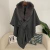 Womens Winter Wool Blend Cape Shawl Cardigan With Faux Fur Collar Loose Fit Oversized Knit Coat