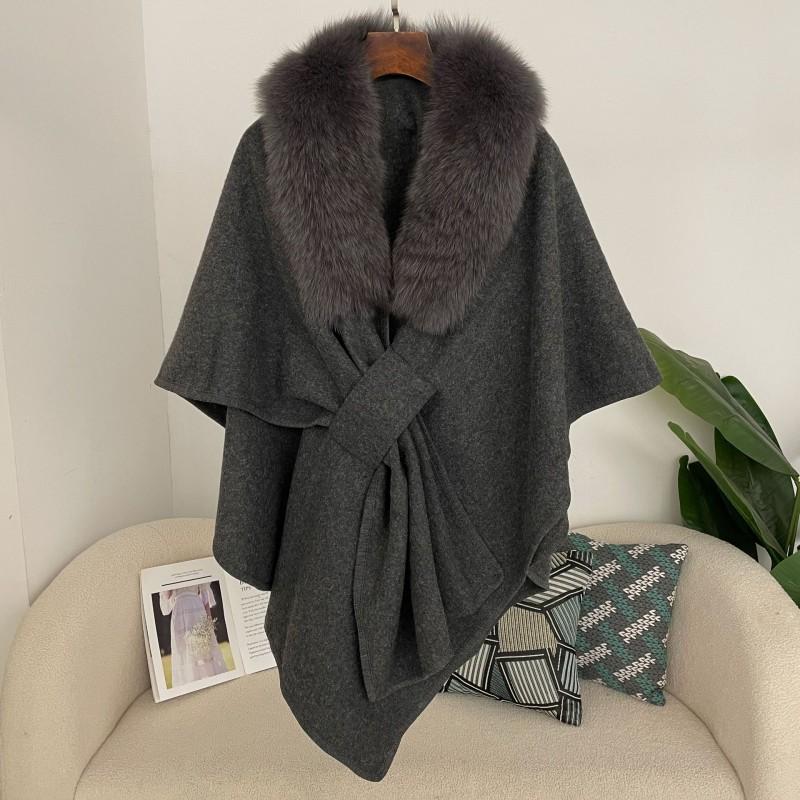 Womens Winter Wool Blend Cape Shawl Cardigan With Faux Fur Collar Loose Fit Oversized Knit Coat