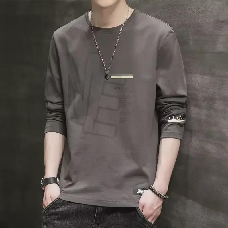 New Men's Slim Fit Long-Sleeved Round Neck T-Shirts - Stylish Korean Autumn Fashion with Lettering